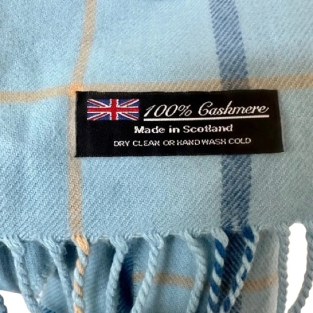100% Cashmere Mens Scarf Made In Scotland Light Blue Tan Plaid Fringed 63” Lux